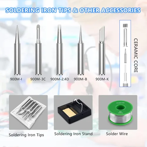 Vista 5 de Kit de soldador de 60 W y 110 V, temperatura ajustable, con puntas de hierro, soporte, esponja, alambre para soldar