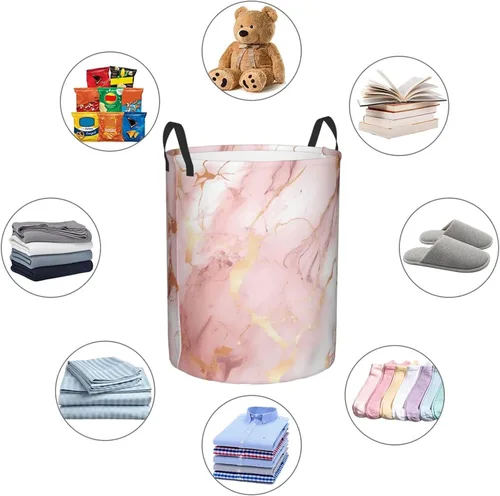 Vista 6 de Cesta de lavandería grande con estampado de mármol de oro rosa, cesta de lavandería impermeable, bolsa de lavandería con asas, papelera de lavado