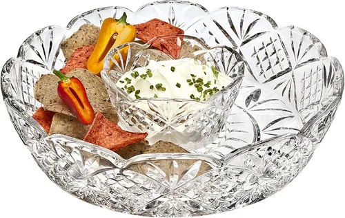 Godinger Dublin Chip and Dip Server, plato de cristal, para aperitivos, aperitivos, verduras y salsas, bandeja para servir para entretenimiento