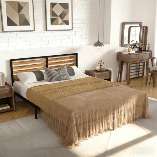 Vista 9 de Base de cama de metal de hierro forjado estilo victoriano con cabecero, marco resistente y base de listones debajo de la cama, espacio