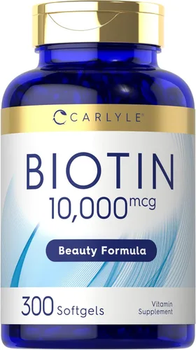 Carlyle Biotin 10000mcg | 300 cápsulas blandas | Máxima fuerza para el cabello, la piel y las uñas | Suplemento sin OMG, sin gluten