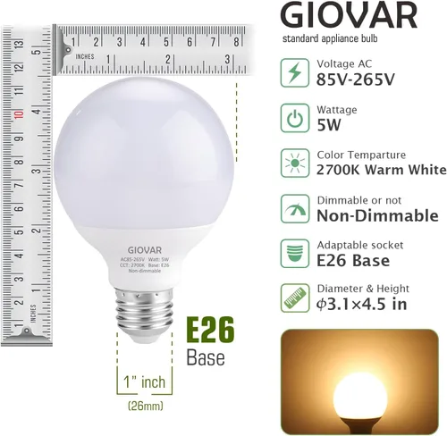 Vista 2 de Paquete de 8 bombillas LED G25 de 120 V equivalentes a 40 W, base E26, bombillas LED de globo blanco cálido de 2700 K para espejo de baño,