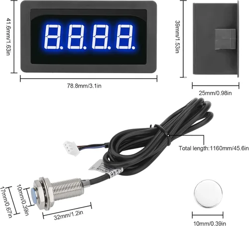 Vista 5 de EEEkit Tacómetro de 4 dígitos con LED azul, medidor de velocidad RPM digital para motores con sensor Hall NPN de interruptor de proximidad
