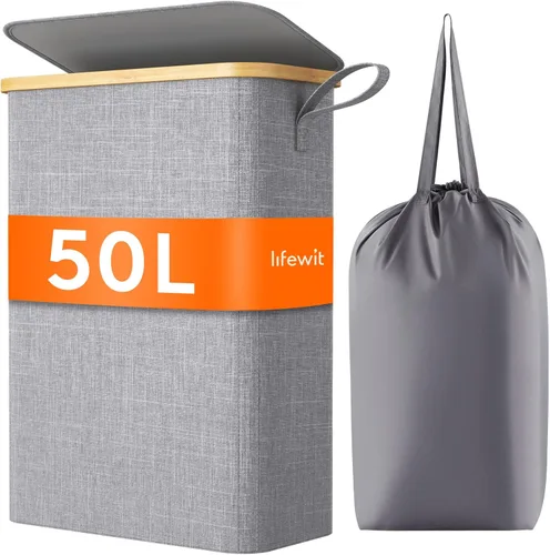 Vista 23 de Lifewit Cesta de lavandería delgada de 50 litros con tapa, cesta estrecha para la ropa sucia con bolsa extraíble y asas de bambú, canasta plegable