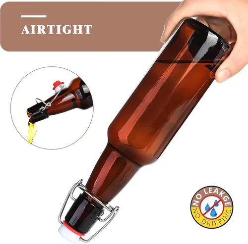 Vista 5 de Botellas de vidrio con tapa abatible de 16.5oz color ámbar con tapas herméticas, para cerveza casera y fermentación de kombucha, extracto