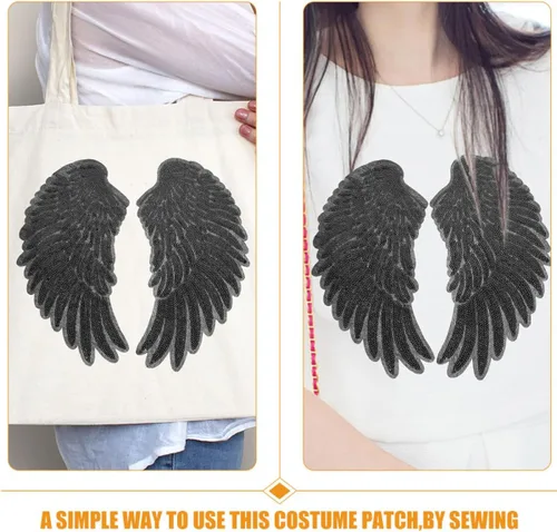 Vista 6 de Mipcase Sequin Angel Wings Embroidered Applique Patch 2pcs Black Medium Wing Clothes Applique Garment Decor for Jackets DIY Sewing Repair Craft
