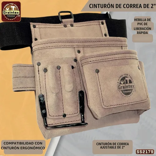Vista 6 de Graintex 5 Pocket Suede Leather Tool Belt/Bag, Multipurpose Leather Tool Belt for Women and Men, Ideal for Construction, Electrician, Handymen Beige