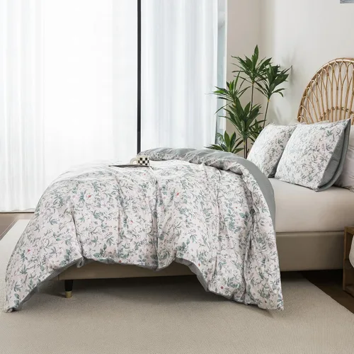 Vista 4 de HoneiLife Juego de funda de edredón floral 100% algodón, 3 piezas, suave, ropa de cama botánica con cierre de cremallera y lazos en las esquinas