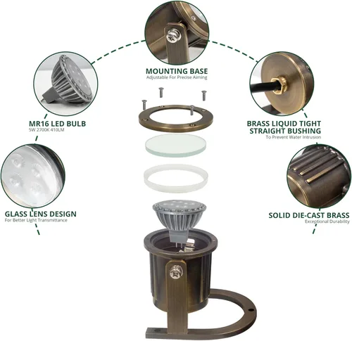 Vista 6 de GKOLED Luz subacuática de latón macizo, luces LED de estanque de bajo voltaje, iluminación de fuente sumergible con bombilla MR16 de 5 W, 2700 K