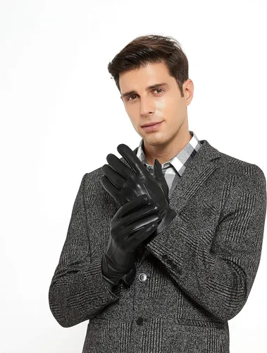 Vista 5 de ZLUXURQ Guantes de cuero de lujo para hombre con forro de cachemira, suave y cómodo piel de cordero Touchsreen