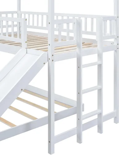 Vista 131 de Cama de casa de tamaño individual con elegantes ventanas y estantería, litera con diseño de castillo de madera con barandillas de seguridad