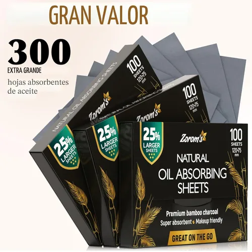 Vista 9 de Hojas de secado de aceite natural para cara con carbón de bambú - 25% más grandes - 3 unidades/300 hojas absorbentes de aceite aptas para maquillaje