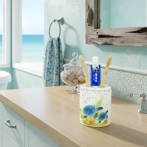 Vista 4 de Soporte para cepillos de dientes de tortuga marina de terrazo de 4 pulgadas, bonito diseño de cara sonriente para baño, almacenamiento higiénico