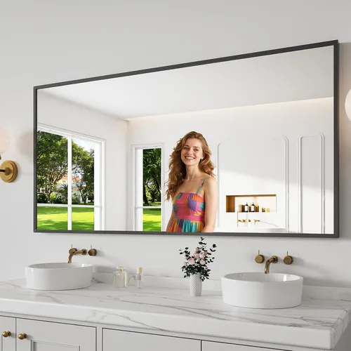 Vista 26 de Koonmi Espejo de baño, 30 x 36 pulgadas, espejo con marco de metal negro para baño, vidrio templado, antioxidante, espejo rectangular redondeado