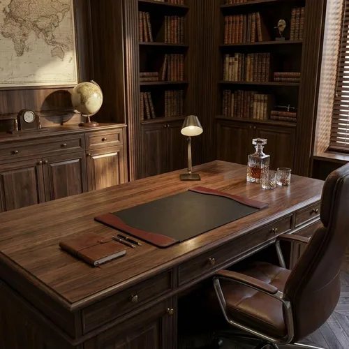 Vista 6 de DACASSO Tapete clásico de cuero para escritorio con rieles laterales - Secante de escritorio de cuero de lujo para escribir - Protector acolchado