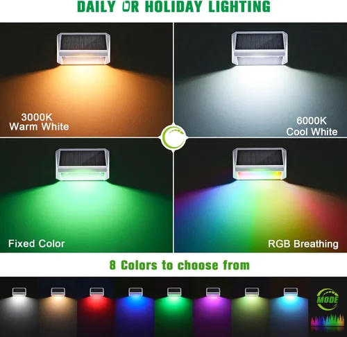 Vista 6 de Luces solares para valla, 8 modos, blanco cálido, blanco frío y RGB, luces solares para cubierta al aire libre, impermeables, energía solar, luces