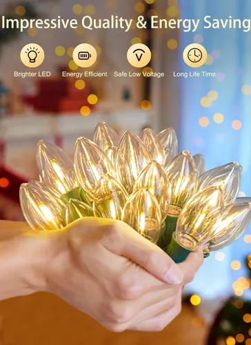 Vista 2 de Luces LED vintage C9 de Navidad, cadena de luces C9 de 25 pies con 25 bombillas LED C9 de plástico, luces impermeables conectables al aire libre