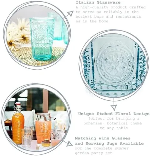 Vista 4 de Bormioli Rocco Romántico juego de 6 vasos enfriadores, 16 onzas, cristal de color, azul claro, fabricado en Italia.