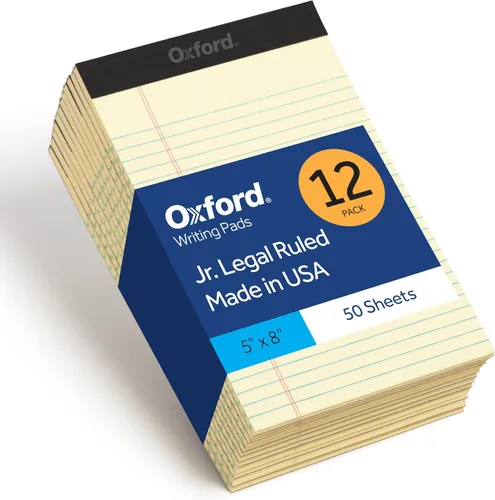 Oxford Blocs de notas tamaño legal de 5 x 8, paquete de 12, rayas estrechas, papel perforado de color amarillo canario con líneas, 50 hojas por