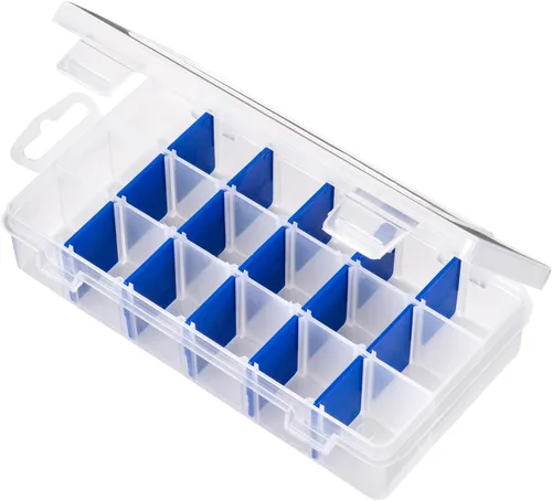 Vista 4 de Flambeau Outdoors 2003 Tuff Tainer, bandeja de pesca, incluye [15] divisores Zerust, 18 compartimentos, azul, blanco transparente, 7 x 4.12 x 1.5