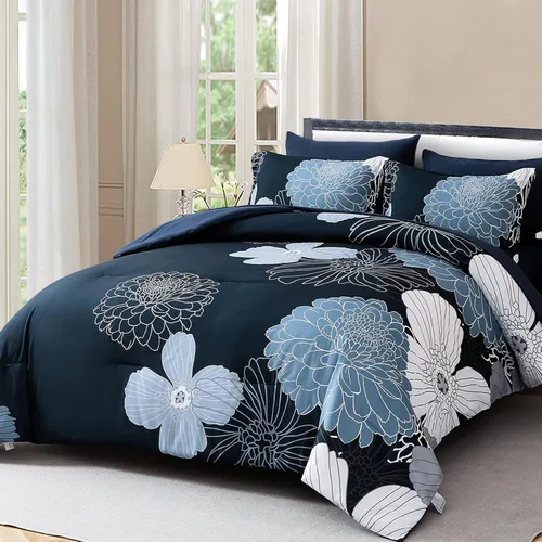 Vista 79 de Yiran - Juego de 7 piezas de edredón floral azul, juego de cama en una bolsa, tamaño Queen, juego de edredón de microfibra suave