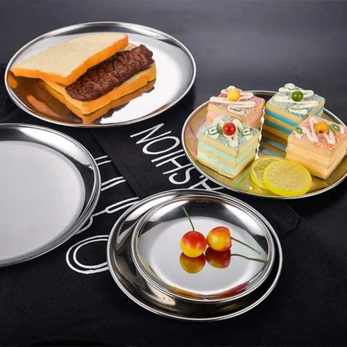 Vista 8 de XZJMY 2 platos llanos de acero inoxidable, platos redondos de ensalada de 10 pulgadas, platos de campamento reutilizables, plato de postre, plato