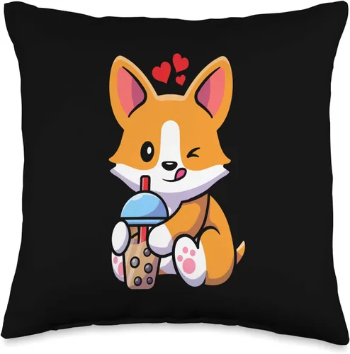 Adorable Corgi Perrito Peludos Mamíferos Pedigrí Canino Kawaii Boba Perro Corgi Bebida Lindo Anime Bubble Tea Heart Throw Pillow Almohada 16x16