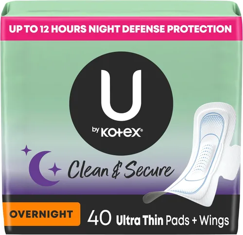U by Kotex Toallas ultrafinas con alas, Clean & Secure, absorción nocturna, 40 unidades (el empaque puede variar)