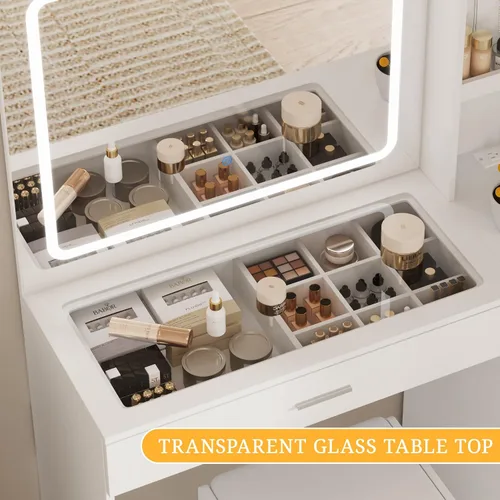 Vista 3 de Vabches Escritorio de tocador blanco con espejo y luces, mesa de tocador con parte superior de vidrio con estación de carga, 3 cajones y gabinete