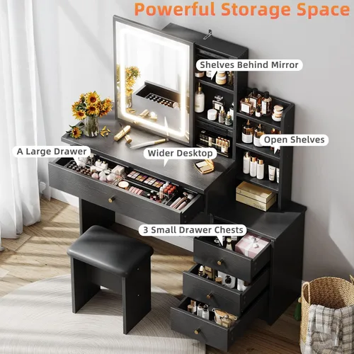 Vista 3 de Memobarco Escritorio de tocador con espejo y luces, tocador de maquillaje con 3 modos de iluminación ajustables, escritorio de tocador pequeño