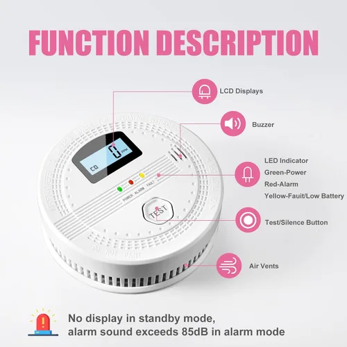 Vista 3 de 4 Packs Smoke and Carbon Monoxide Detectors, 2 in 1 CO & Smoke Fire Alarm for Home,Smoke Combination CO Alarm with LCD Display,Replaceable Battery