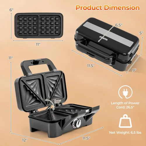 Vista 9 de Sandwichera 3 en 1, waflera de 1082 W con platos extraíbles, prensa para sándwich con control de temperatura de 5 engranajes, luces indicadoras