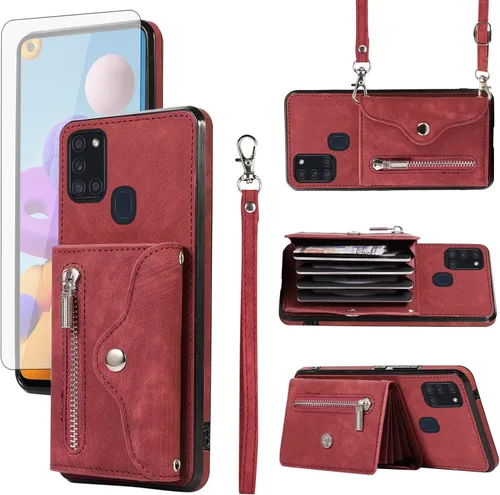 Vista 9 de Funda para teléfono Samsung Galaxy A21S con protector de pantalla de vidrio templado y correa cruzada para la muñeca, cordón para el hombro, soporte