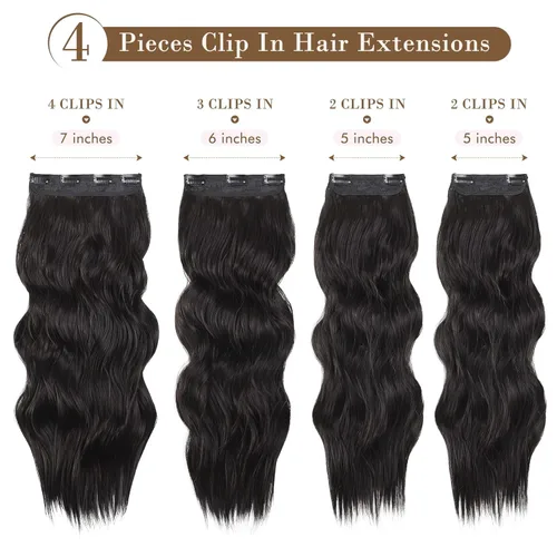 Vista 2 de REECHO Extensiones de cabello, 4 extensiones de cabello con clip, extensiones de cabello sintético suave natural para mujer, marrón negro