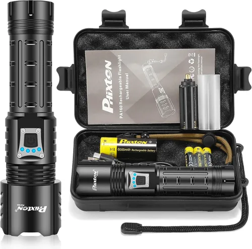 PHIXTON Linternas Recargables de Alto Lumen 10000 Súper Brillantes de Largo Alcance 3280 Pies, Larga Duración 15H Potente USB C LED Linterna Fuerte