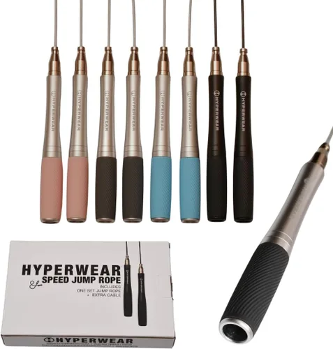 Vista 2 de Hyperwear Cuerda de saltar de velocidad ajustable: cabezal autoblocante patentado, colgadores de aluminio con agarres de silicona moleteados