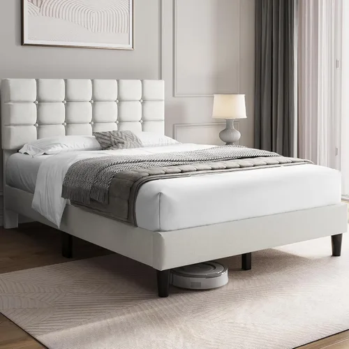 Vista 3 de Yaheetech Marco de Cama Tapizado, Plataforma de Cama Full Moderna con Cabecera de Costura Cuadrada y Capitoné con Botones, Altura Ajustable, Soporte