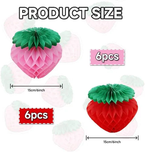 Vista 2 de BEISHIDA Bolas de panal de papel de fresa de 6 pulgadas, color rojo y rosa, decoración de mesa de fresas para mesas, decoración colgante de mesa