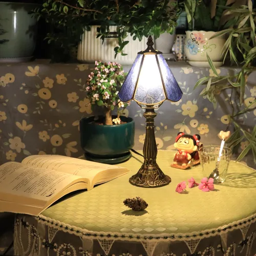 Small Tiffany Table Lamp Blue Plum Blossom Style Stained Glass Desk Lamps 6X6X14 Inch Bronze Resin Base Antique Mini Accent Light