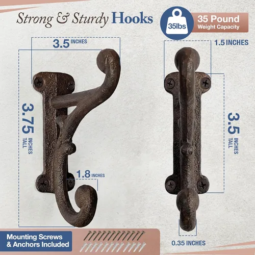 Vista 3 de Ganchos rústicos de hierro fundido (paquete de 3) color marrón oscuro rústico, para montar en la pared, decoración de granja, ganchos de pared