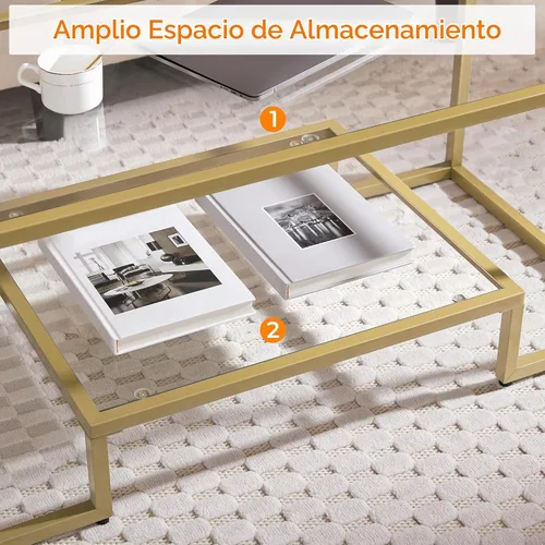 Vista 7 de Yaheetech Mesa auxiliar, mesa de centro de vidrio templado, mesas centrales simples modernas con diseño inspirado en geometría y marco de metal