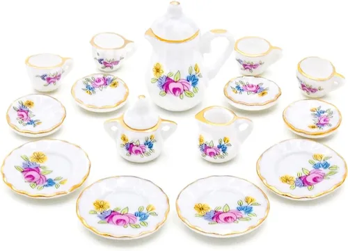 Vista 2 de Odoria Juego de té de porcelana en miniatura 1/12, 15 piezas, accesorios de decoración de casa de muñecas, flor rosa
