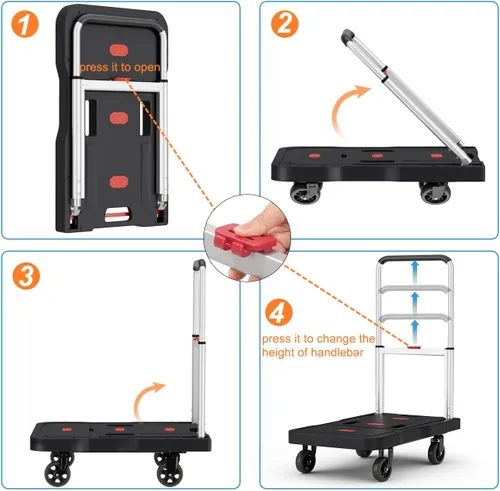 Vista 6 de Carro de empuje plegable para camión de plataforma, capacidad de peso de 330 libras, mango ajustable para carretilla de mano con ruedas giratorias