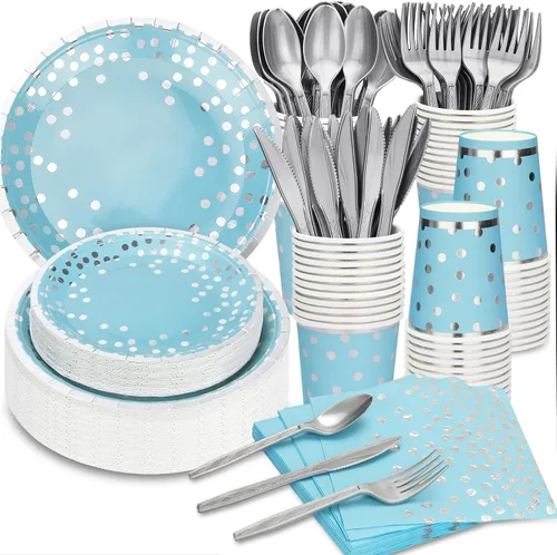140 piezas de suministros de fiesta azules y plateados, vajilla desechable con platos de papel azules, servilletas, tazas y cubiertos de plástico