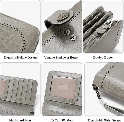 Vista 5 de BOSTANTEN Cartera de cuero genuino para mujer, de gran capacidad, cartera de mano con bloqueo RFID