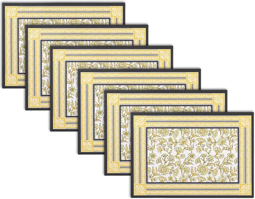 Vista 10 de Encasa XO Juego de 6 manteles individuales de lona de algodón con estampado de bloques índigo-02, 18 x 13 pulgadas, estampado a mano de Jaipur
