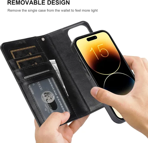 Vista 3 de Bocasal Funda tipo cartera desmontable para iPhone 15 Pro con bloqueo RFID, ranuras para tarjetas, soporte de cuero PU premium magnético con soporte