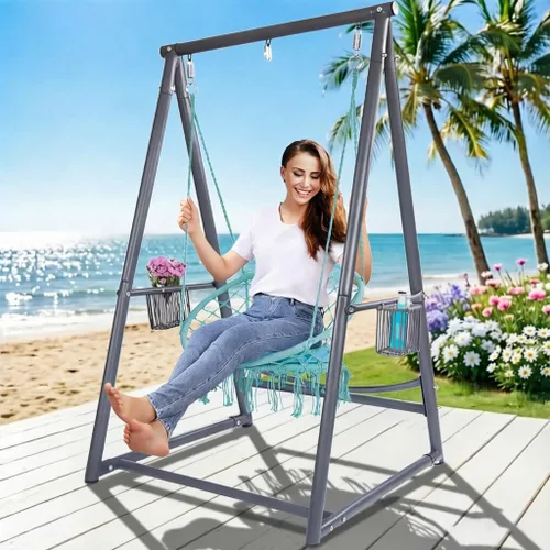 Vista 8 de YOXIFOC Base reforzada y soporte de hamaca de estructura triangular con 2 cestas de almacenamiento, soporte de columpio con 3 ganchos