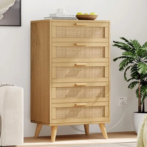 Vista 16 de Rovaurx Cómoda doble de 6 cajones para dormitorio, cómoda de ratán, cómoda de madera moderna con asas doradas, mesa auxiliar para armario, sala
