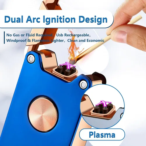 Vista 4 de Encendedor eléctrico, encendedor de plasma de doble arco con indicador de batería LED, recargable, resistente al viento, sin llama, con caja de Azul